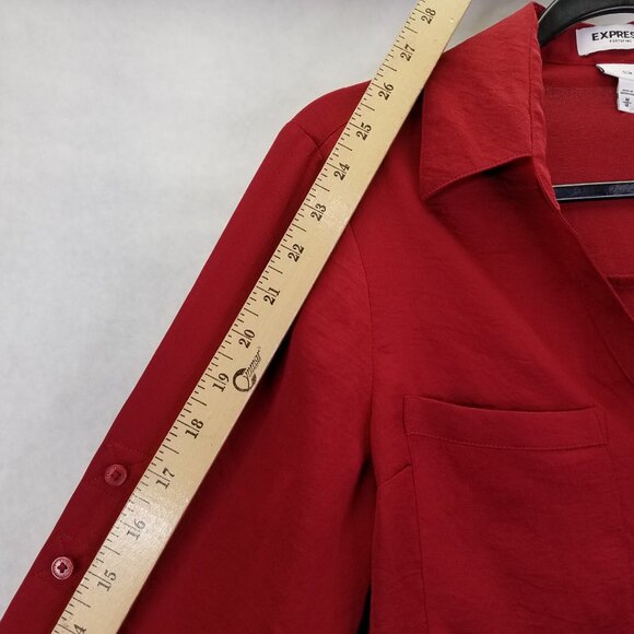 Express Portofino Button Up Camp Shirt Women's M Sleeve Slim Fit Red Pockets - Picture 11 of 12